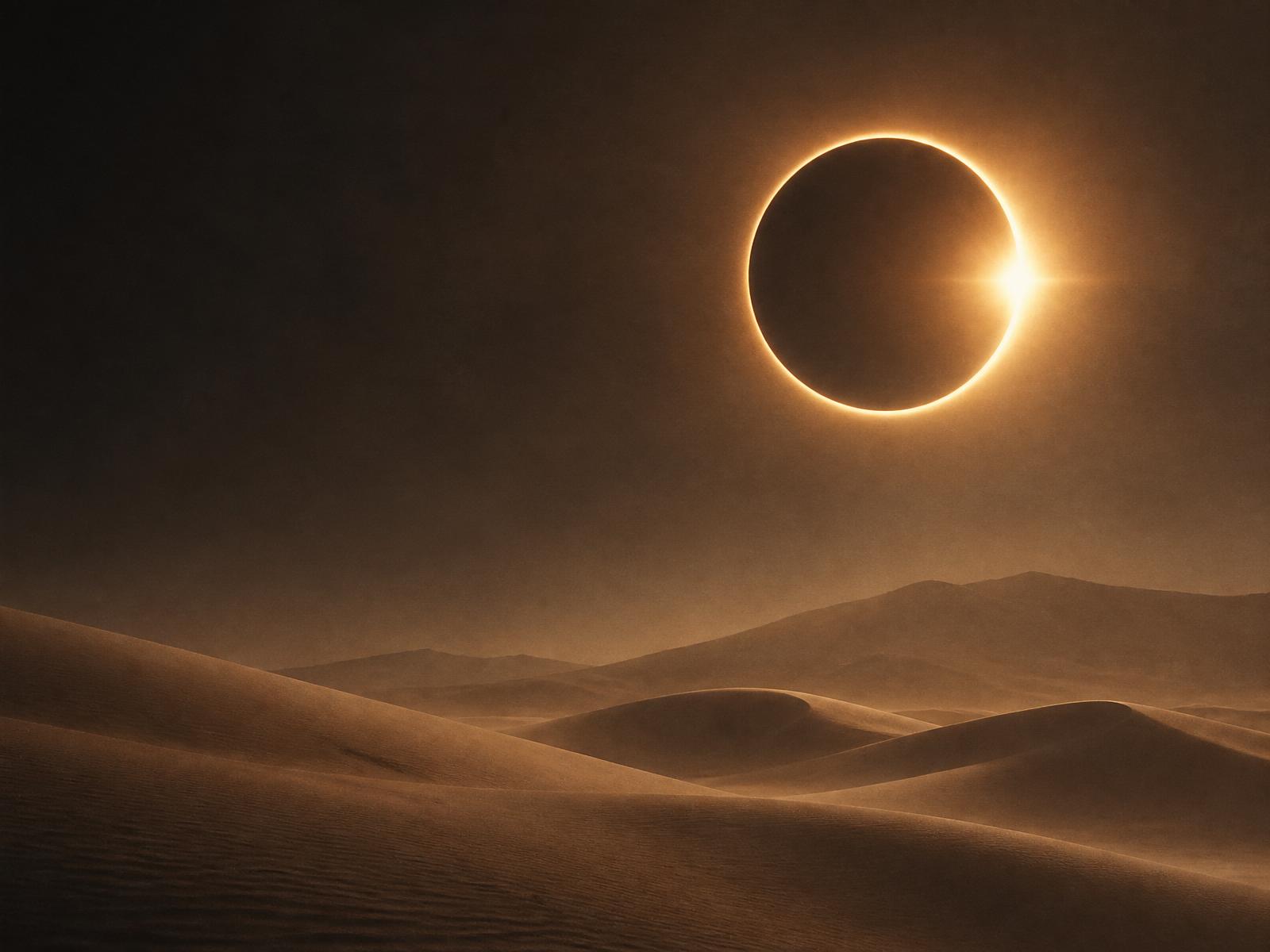 A golden solar eclipse rising over moonlit desert dunes